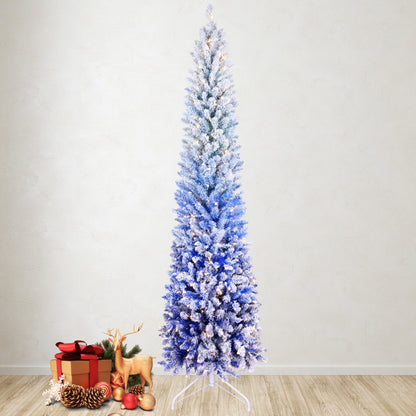 6FT Blue Gradient Flocked Pencil Christmas Tree With 200 Warm White LED Lights, 485 Tips, Hinged Branches, Slim Design, Metal Stand Narrow Prelit Tree For Holiday Home Decor