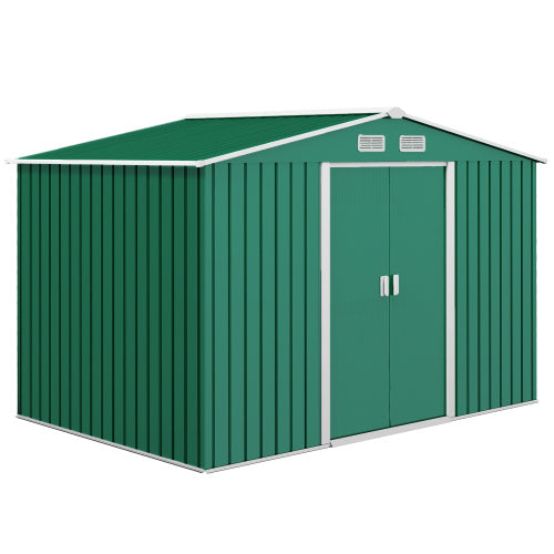 UK Local Outsunny 9 X 6ft Metal Garden Shed, Outdoor Storage Tool House With Ventilation Slots, Foundation Kit And Lockable Double Doors, Green