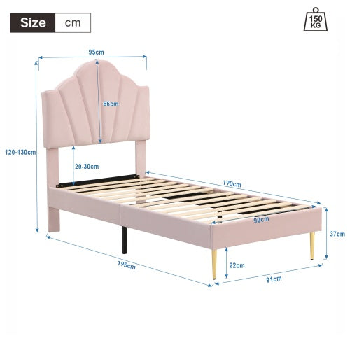 UK Local Velvet Upholstered Bed,Single Bed-3ft 90x190cm, Shell-like Bed With Golden Iron Legs, Height-adjustable Headboard, Wooden Slatted Frame