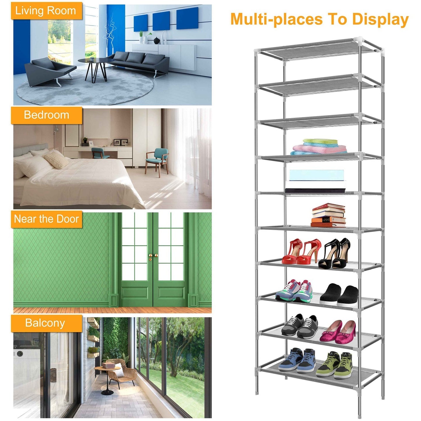 US Local 10 Tiers Shoes Rack Shelves 27 Pairs Shoes Storage Organizer Stand Non-Woven Fabric Detachable Shoes Tower Stackable Shoes Storage Rack For Entryway