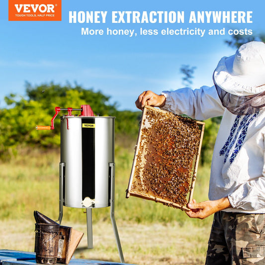 US Local VEVOR Manual Honey Extractor, 3 Frames Honey Spinner Extractor, Stainless Steel Beekeeping Extraction, Honeycomb Drum Spinner With Lid, Apiary Centrifuge Equipment With Height Adjustable Stand