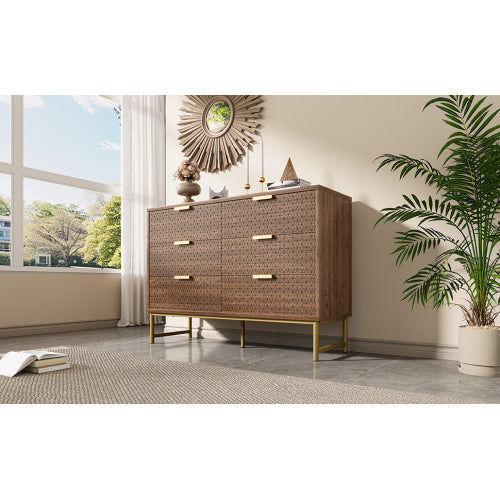 UK Local Embossed Design Sideboard Cabinet Dresser With 6 Drawers, Anti-tip, Sideboard For Living Room, Hallway, Bedroom, And Children's Room, 120 X 40 X 75 Cm, Walnut