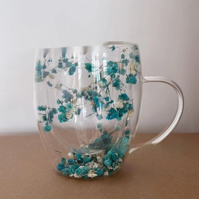 Real Flower Double Layer Glass Cup Good-looking Starry Sky