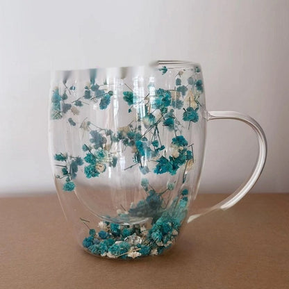 Real Flower Double Layer Glass Cup Good-looking Starry Sky