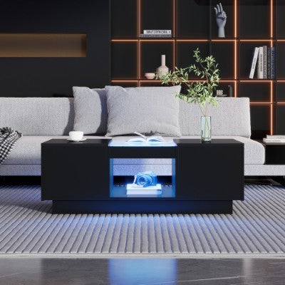 UK Local LED Coffee Table For Living Room, Modern Coffee Table With Storage With LED Lights, 2 Tiers And 2 Drawers, Large Living Room Center Tables Black