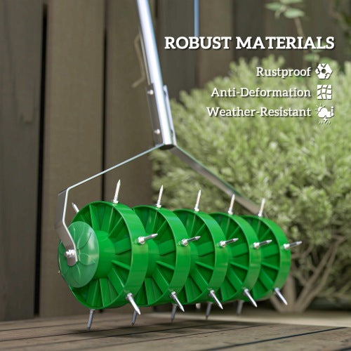 UK Local Outsunny Rolling Lawn Aerator, Manual Grass Spike Roller, Heavy Duty Garden Aerator With 3 Piece Detachable Handle And T-bar Grip, Outdoor Garden Lawn Tool, Dark Green