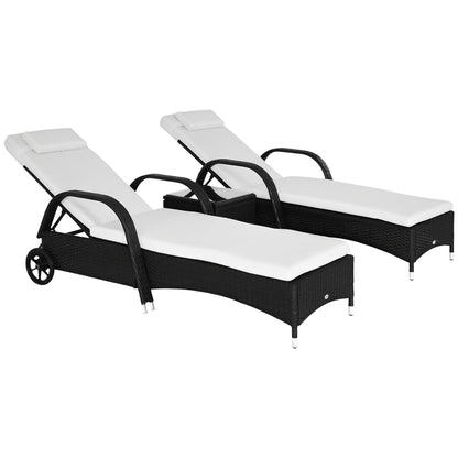 US Local 3 Piece Wicker Lounge Chair Set Outdoor Loungers With Armrests Cushion  Headrest  Side Table  Wheel  Black