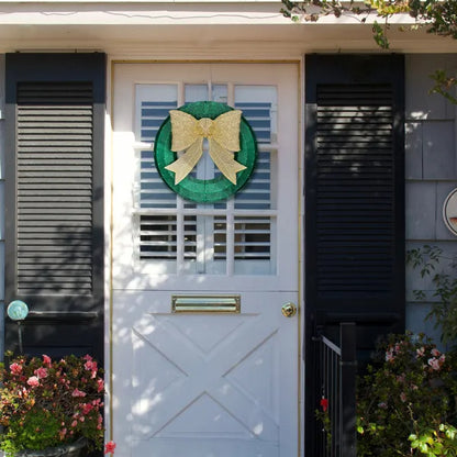 US Local 24in Pre-lit Outdoor Christmas Wreath Decoration, Lighted Metal Wreath With Golden Bow, Green And Warm White LED Lights, For Front Door Gate Wall Indoor Outdoor Holiday Party