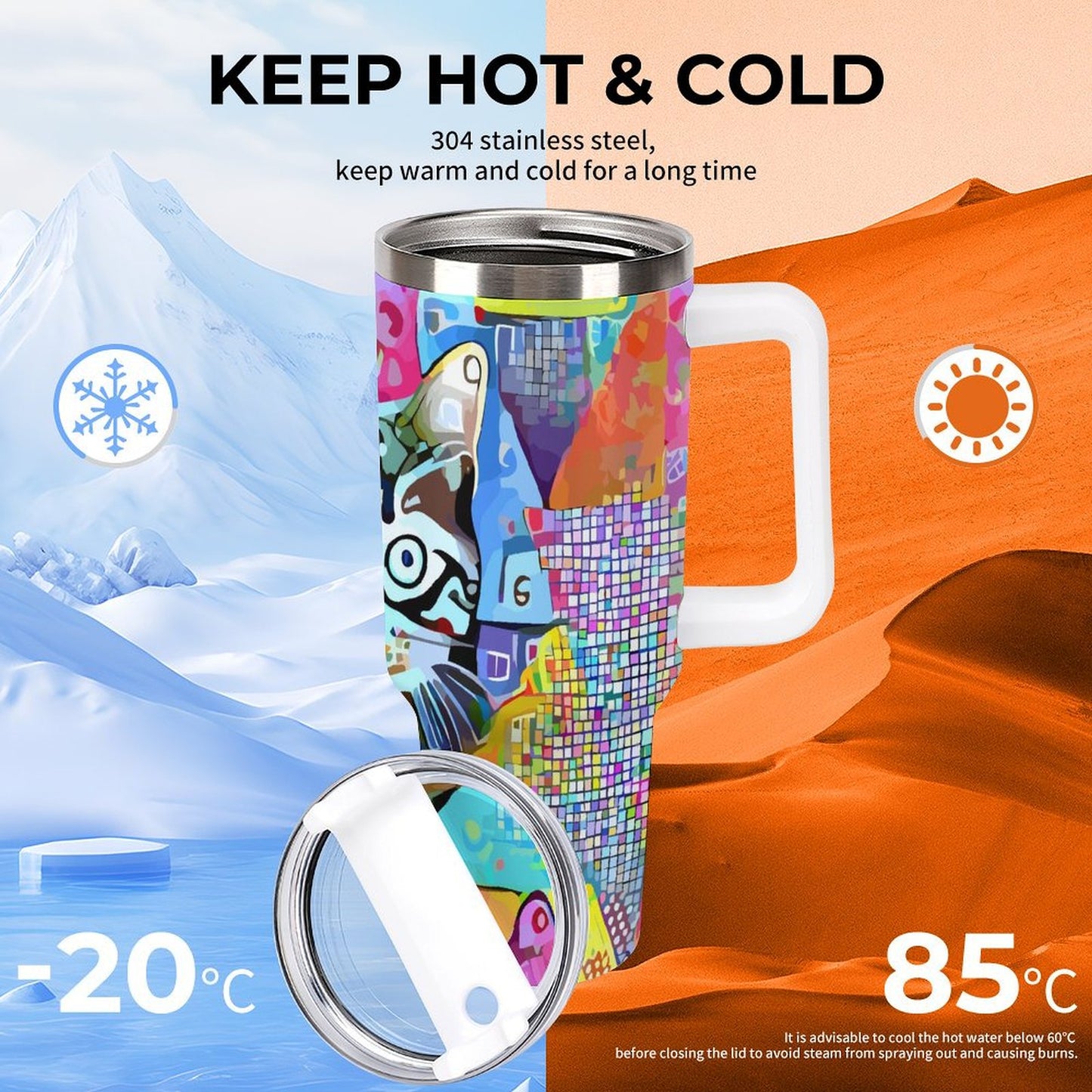 PHDT00522 POD US Local Tumbler 40oz Large Capacity Car Cup Cats, Abstract, Retro