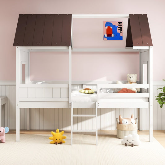 US Local Wooden Toddler Floor Bed With Window, Detachable Roof, 2-Step Ladder & Safety Guardrail, Montessori Kids Loft Bed---A-B Combo Sale, Please Do Not Purchase Individually