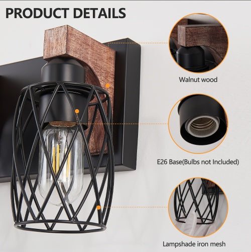 US Local Industrial Vintage 7-Light Wall Sconce - Black Cage Wall Lighting Fixture With Wooden Accents For Bathroom, Hallway, Or Living Room Bulb Not Included