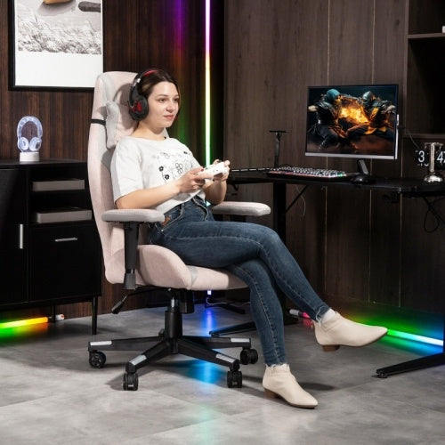 UK Local HOMCOM Fabric Gaming Chair With Lumbar Support, Headrest - Pale Pink
