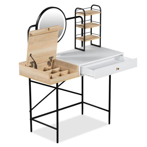 US Local Makeup Vanity Desk With 3-Mode Lighted Mirror & Wireless Charging Station , Vanity Table With Drawer & 3 Open Shelves For Ample Storage Space