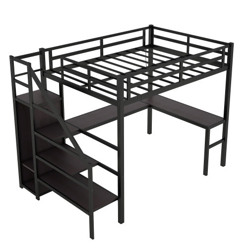 US Local Metal Loft Bed With Wardrobe And Adjustable Shelves