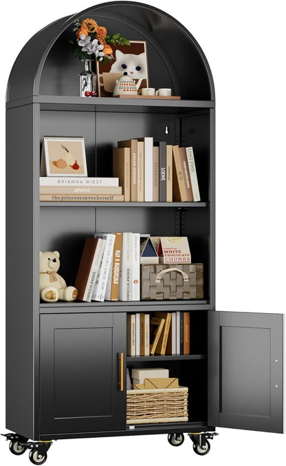 US Local Metal Arched Bookcase With Wheels, Modern Freestanding Black Arch Storage Cabinets For Home Office Bookshelf Living Room
