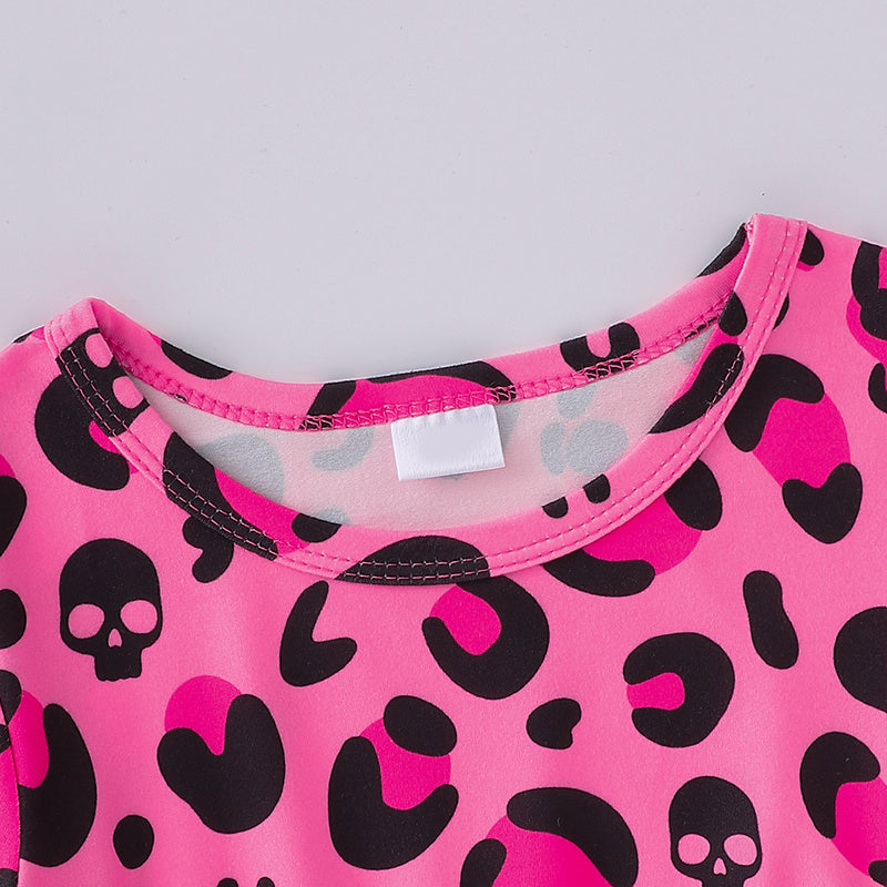 3pcs Toddler Girl's Halloween Dress Skull Ghost Bats Print Stretch Long Sleeve A-line Dresses