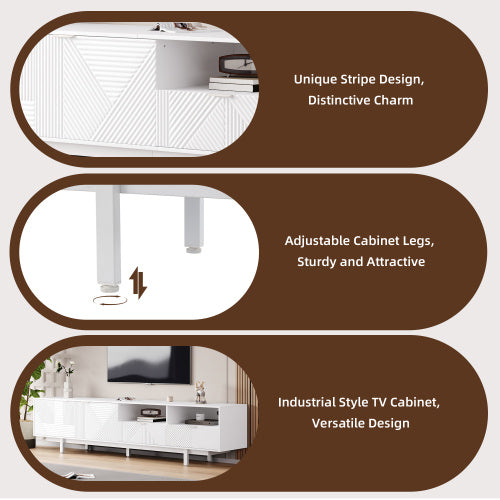 UK Local Modern Bohemian TV Cabinet, White Geometric Lines TV Stand, TV Entertainment Center With Storage Space, 200X40X51 Cm, Modern TV Stand For 90 Inch TVs, Console Media Cabinet For Living Room