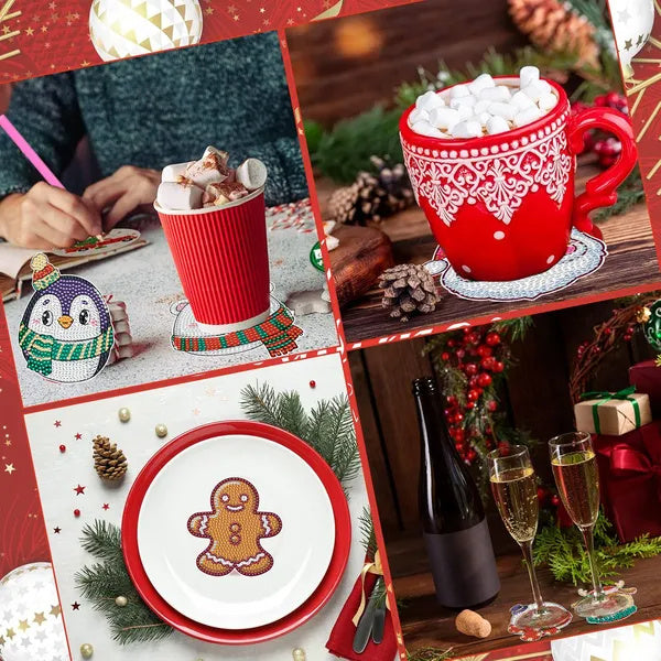 US Local 6 Packs Christmas Rhinestones Art Coasters With Holder Snowman Gingerbread Man Penguin Santa Claus Pattern Gift Non Slip Acrylic Cup Coaster 5D DIY Full Drill Rhinestones Dots Art