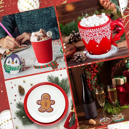 US Local 6 Packs Christmas Rhinestones Art Coasters With Holder Snowman Gingerbread Man Penguin Santa Claus Pattern Gift Non Slip Acrylic Cup Coaster 5D DIY Full Drill Rhinestones Dots Art
