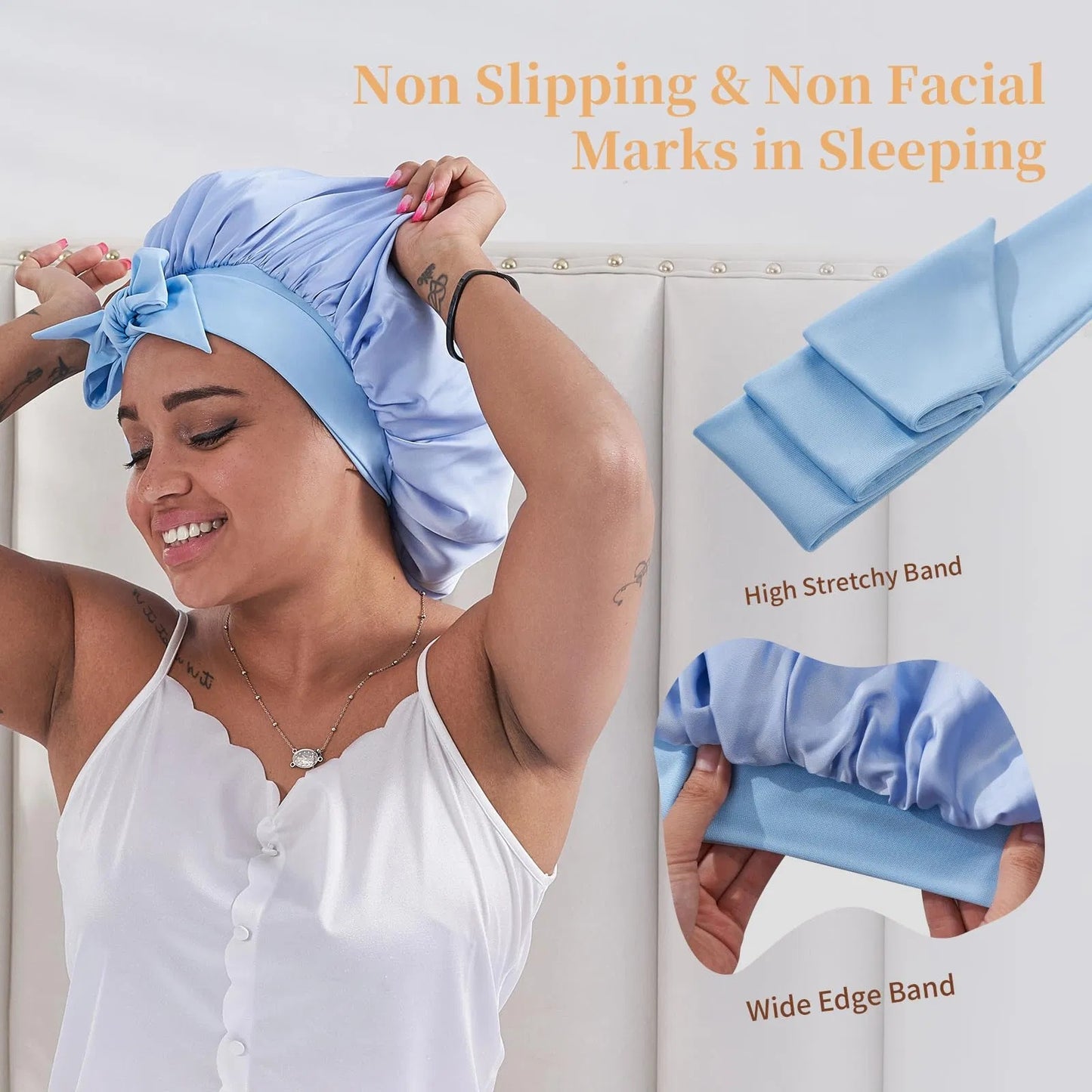 US Local Silk Bonnet For Sleeping Women, Satin Hair Bonnet For Sleeping For Wavy Curly Natural Hair Women Men - Blue