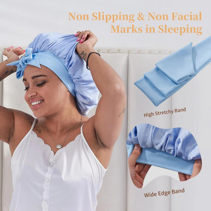 US Local Silk Bonnet For Sleeping Women, Satin Hair Bonnet For Sleeping For Wavy Curly Natural Hair Women Men - Blue
