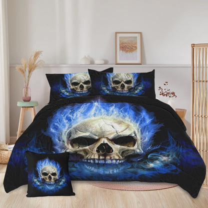 US Local 4 Piece Blue Fire Skull Comforter Set, 3D Skeleton Printed Bedding With 1 Comforter, 2 Shams, 1 Cushion Cover, Black Queen Size