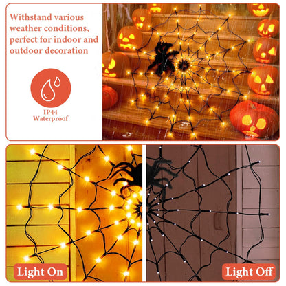 US Local 3.28FT Spider Web Light With Hairy Spider 70LED Battery Powered Remote Control 8 Lighting Modes Glowing Outdoor Indoor Wall Halloween Decoration
