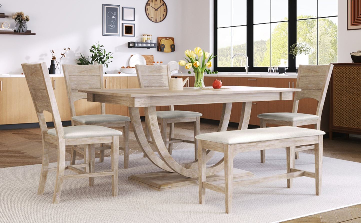 US Local TOPMAX 6-Piece Wood Half Round Dining Table Set With Long Bench & 4 Chairs