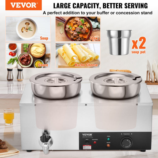 VEVOR Electric Soup Warmer, Dual 7.4QT Stainless Steel Round Pot Adjustable Temp, 1200W Commercial Bain Marie With Anti-dry Burn And Reset Button, Soup Station For Restaurant, Buffet, Silver