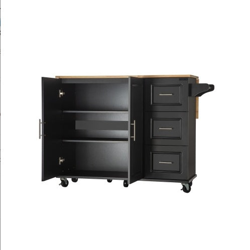 US Local Kitchen Island And Kitchen Trolley, Mobile Kite Island, With Extendable Rubberwood Tabletop, Adjustable Cabinet Shelves