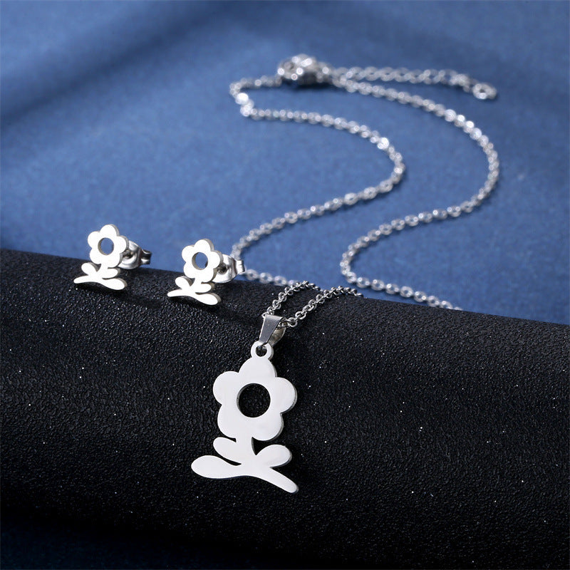 Stainless Steel Necklace Ear Stud Combination Suit