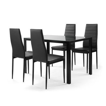 US Local 5 Pieces Dining Table Set Kitchen Tempered Glass Dining Table 4 Faux Leather Chairs