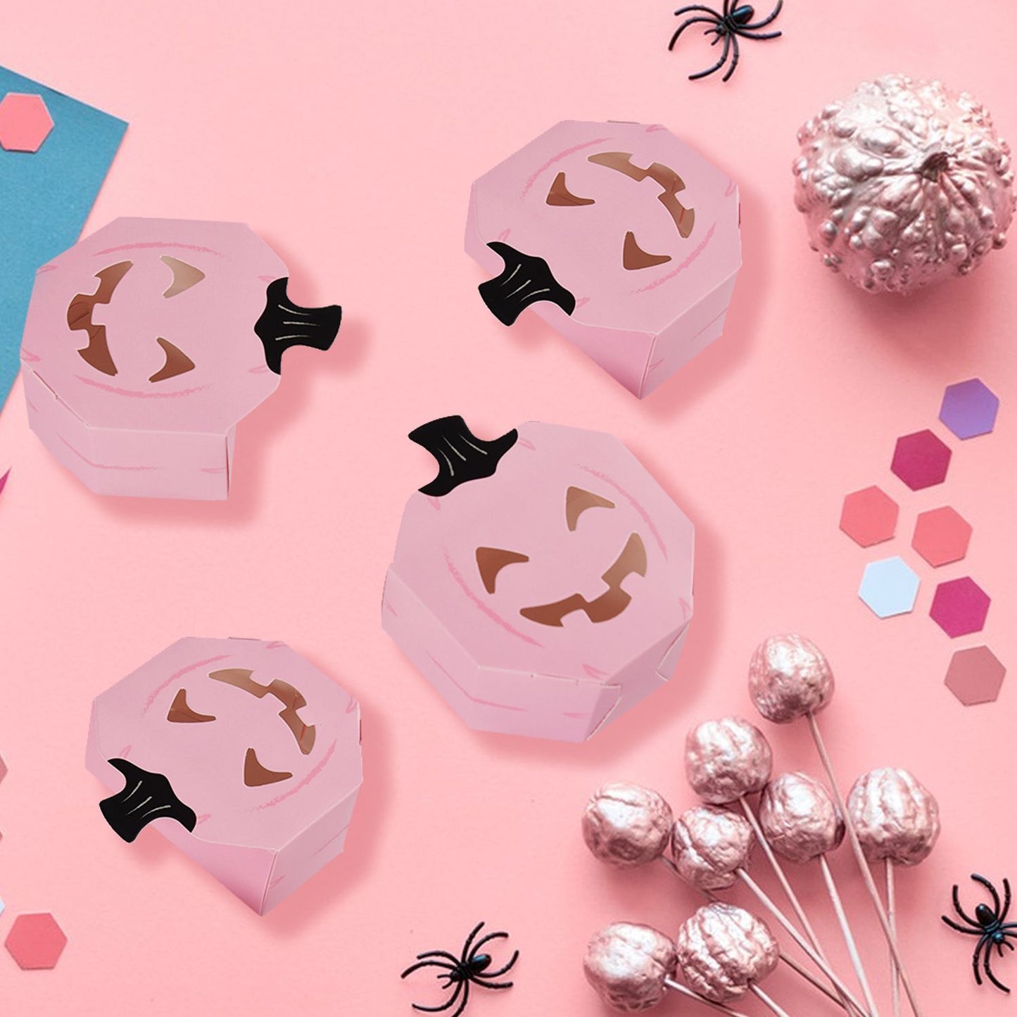 10Pcs Halloween Pink Pumpkin Gift Boxes Unique Candy Boxes With Hollow Scary Smiley Face Window Trick Or Treat Candy Goodie Bags For Halloween Birthday Party Haunted House Table Decoration