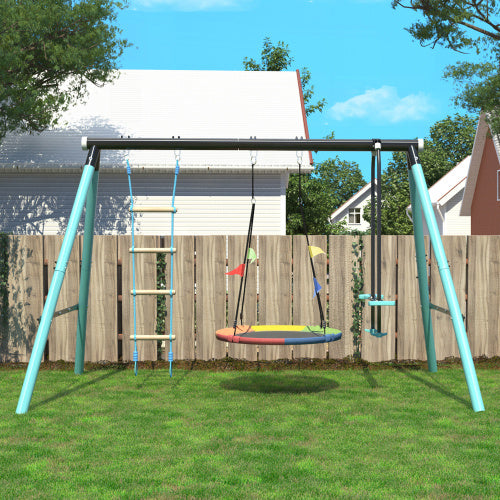 UK Local Kids Swing Swing Seesaw Set With Metal Frame, Nest Tree Swing, , Seesaw Height Adjustable, Climbing Ladder & Climbing Net, Backyard Playground Outdoor Play Frame Toy For Children, Over 3 Years Old