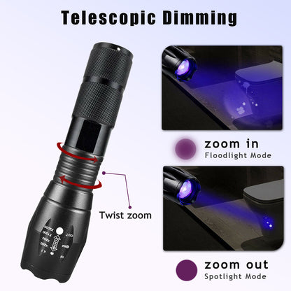 US Local UV Torch Ultra Violet Flashlight Zoomable Blacklight Lamp LED Super Bright 250000lm 2 In 1 395nm Mini Pocket Inspection Light