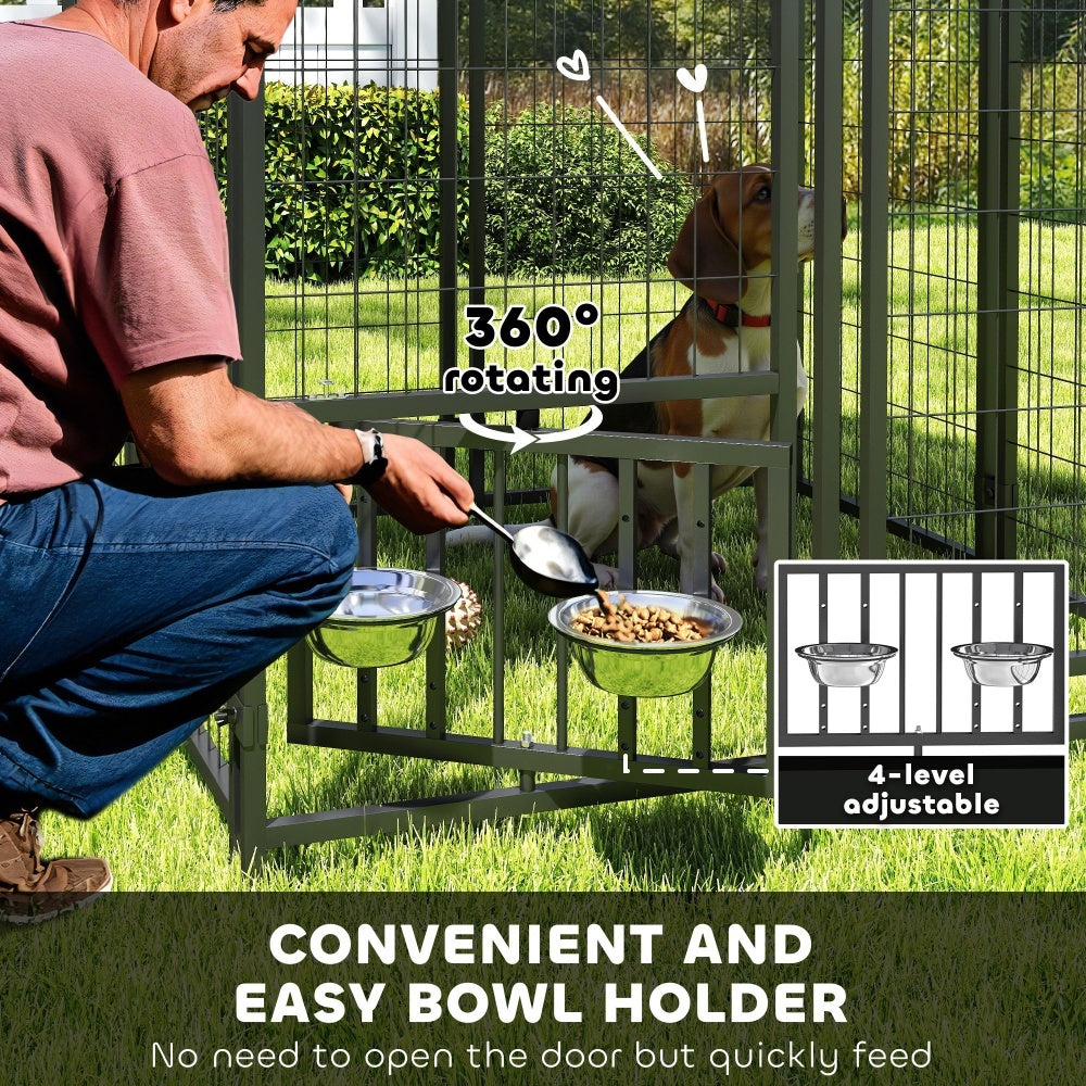 US Local Welded Wire Outdoor Dog Kennel With 360 Rotating & 4 Levels Adjustable Bowls, Waterproof Cover, 3.9 X 3.9 X 6