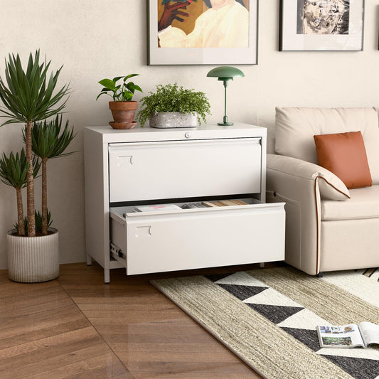 US Local Metal Lateral File Cabinet, 2 Drawers Lateral Filing Cabinet, Office Wide Storage File Cabinet For Letter,Legal,A4 Size, Assembly Required