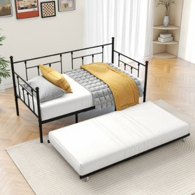 US Local Twin Size Daybed Metal Frame With Trundle Set, Twin Day Bed Sofa, Daybed And Roll Sofa Bed For Guest Room, Bedroom, Living Room, Victorian Style, Black