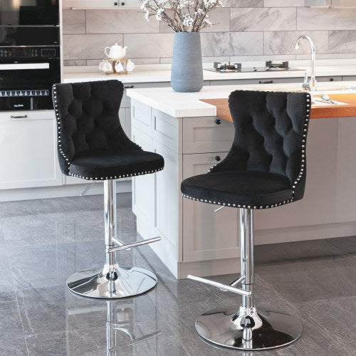 US Local Swivel Velvet Barstools Adjusatble Seat Height From 25-33 Inch Black,Set Of 2