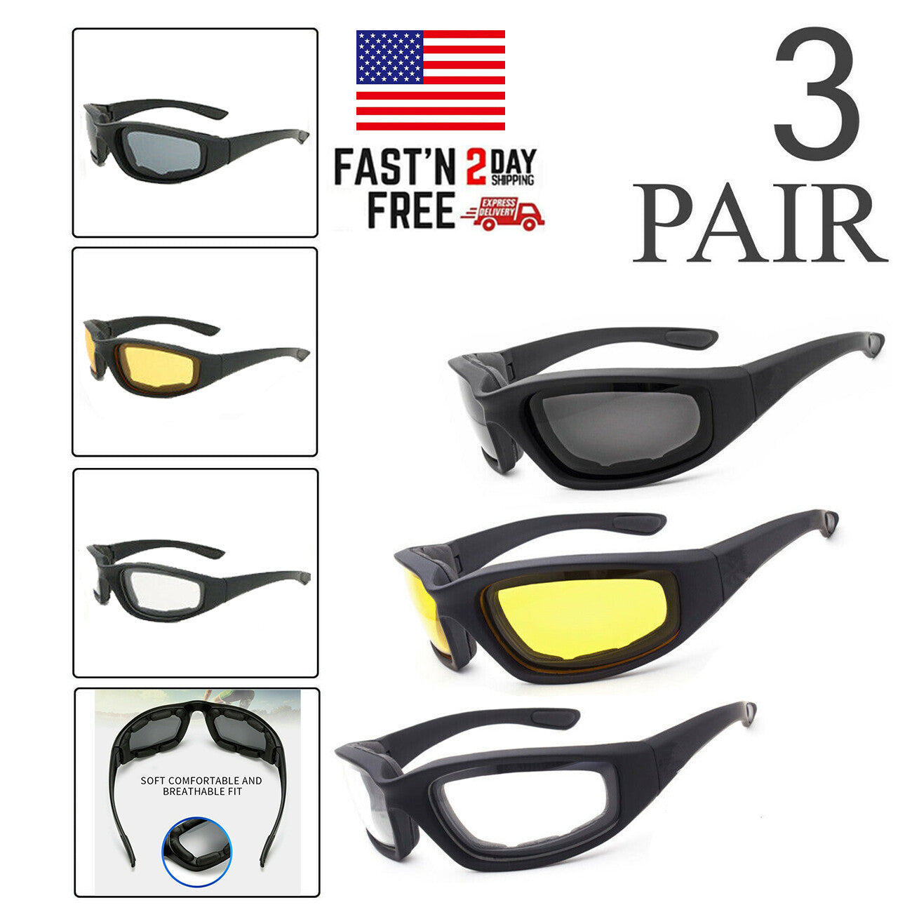 US Local Cycling Sunglasses Chopper Outdoor Sports Glasses For Men Wrap Around UV400 Protection For Fishing Driving Glasses Wind Resistant Clear Yellow Gray Lens 3 Pack