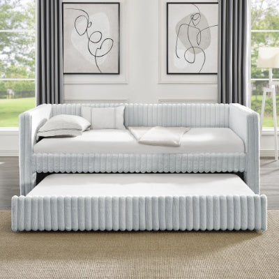 US Local Twin Size Daybed, Upholstered Sofa Bed,The Bottom Pulls Out To Form A Bed ,Striped Corduroy Fabric- Beige 86x43.5x34