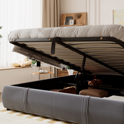 UK Local Upholstered Bed, Hydraulic Bed With Storage Function, 4ft6 Double Bed 135x190cm, Durable And Sturdy, Removable Soft Headboard Backrest, Velvet  Plywood, Grey