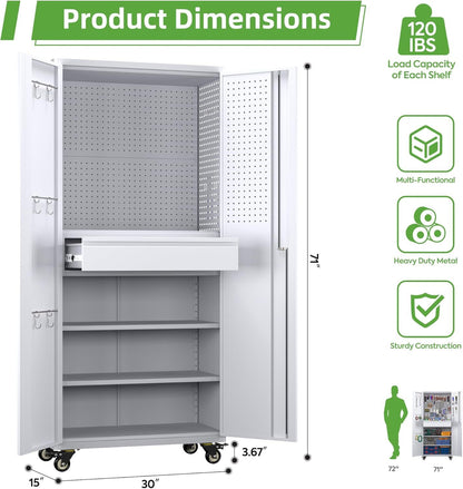 US Local Metal Garage Storage Cabinet With Wheels And Doors,Rolling Tool Cabinet With Pegboard,Rod And Drawer For Garage Warehouse Home,Required Assembly,Grey And White