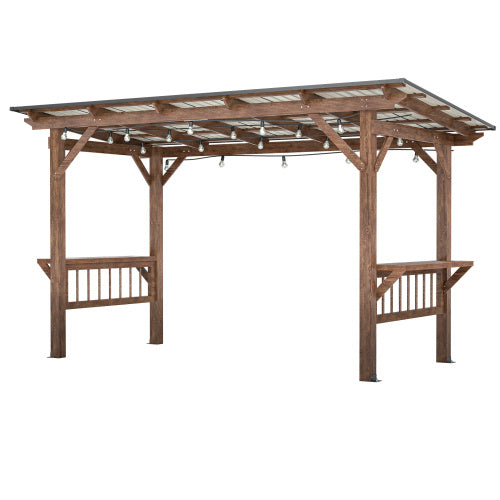 US Local 13' X 6.5' Wooden Pergola Grill Gazebo With Metal Roof & Bulbs & Bar Counters