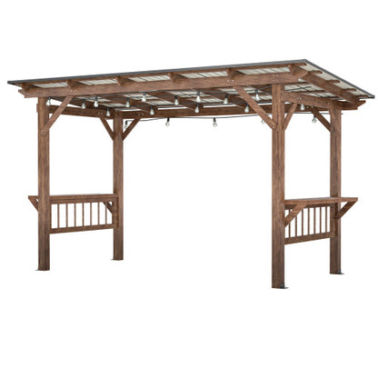 US Local 13' X 6.5' Wooden Pergola Grill Gazebo With Metal Roof & Bulbs & Bar Counters
