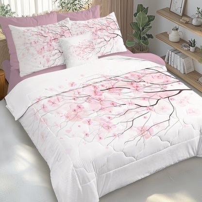 US Local Cherry Blossom Pattern Comforter Set 8PCS Twin Size Soft Bedding Set,1 Comforter,1 Pilow Cover,1 Flat Sheet,1 Fitted Sheet,4 Cushion Cover