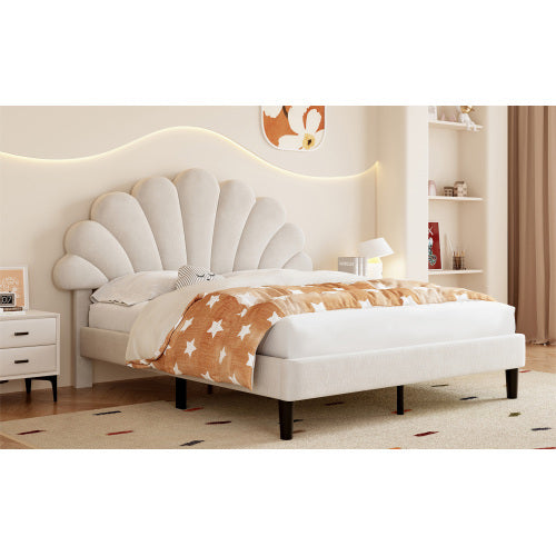 UK Local 4ft6 Double Upholstered Velvet Bed Frame, With Adjustable Chic Petal Headboard, Velvet Platform Bed Frame With Solid Wood Slat, No Box Spring Needed, Easy Assembly, Beige