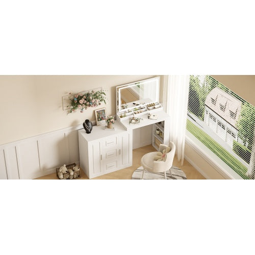 US Local 59 Makeup Vanity Desk With Mirror, Vanity Mirror With Lights, Dressing Table With 3 Drawers And 2 Cabinets, Vanity Table With Storage Shelves For Bedroom, White