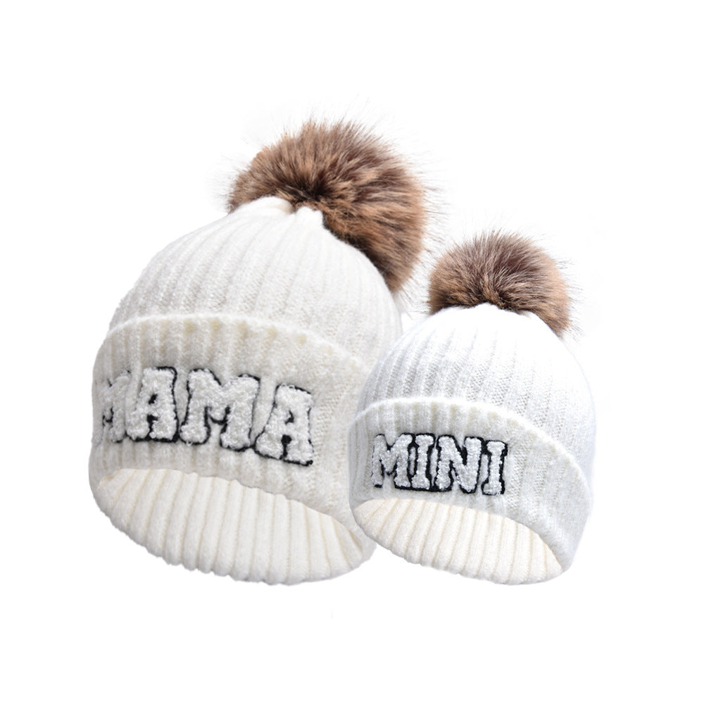 Letter MAMA Woolen Cap Outdoor Fur Ball Warm Hat