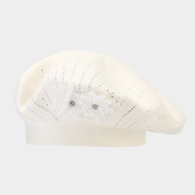 British Retro Beret Women's Fashion Flower Rhinestone Knitted Painting